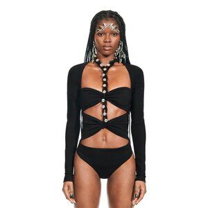 AREA Chain Link Long Sleeve Bodysuit in Black Large New Womens Crystal Top